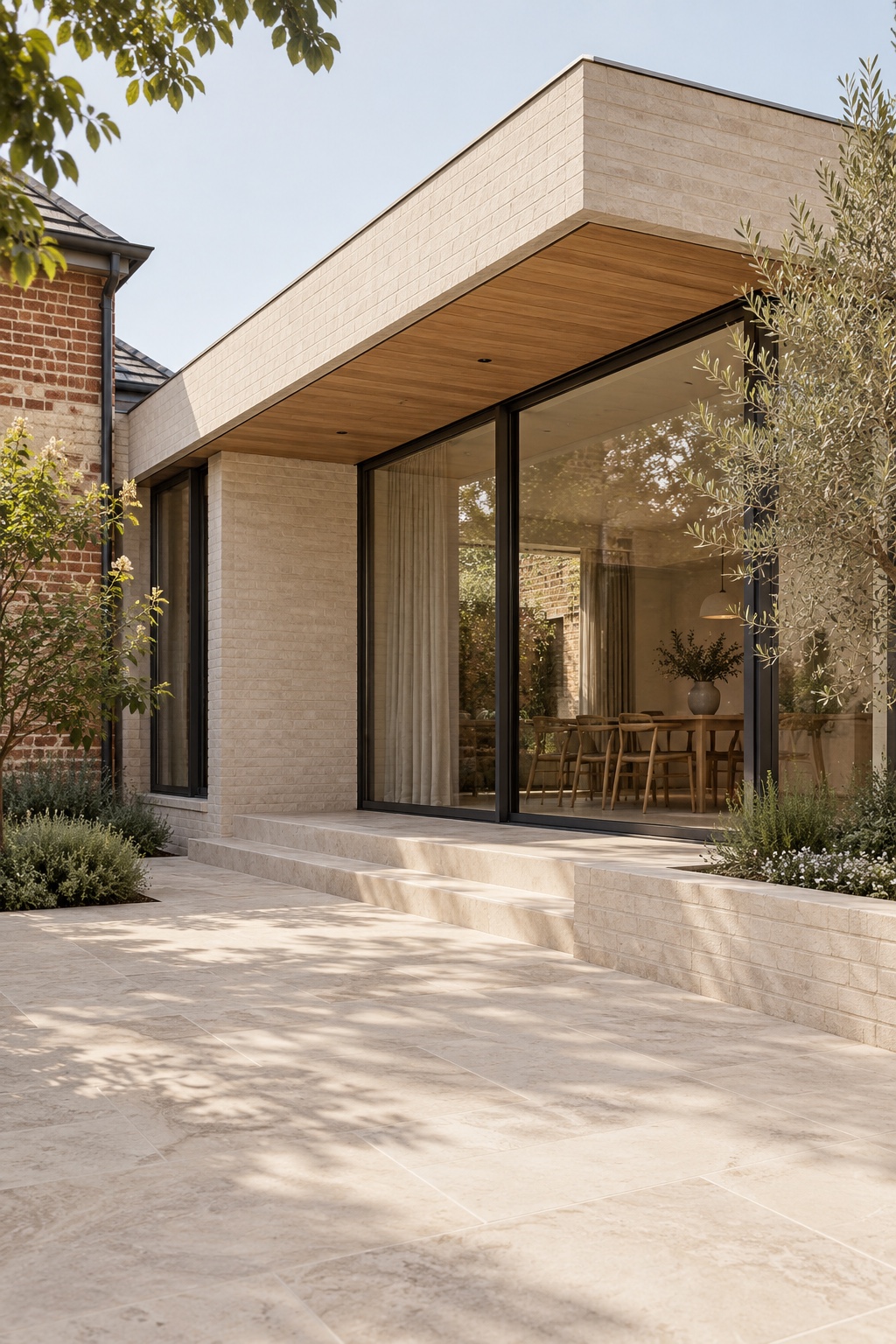 Contemporary limestone extension with a timber soffit, black-framed glazing and natural landscaping, shown as architectural reference imagery